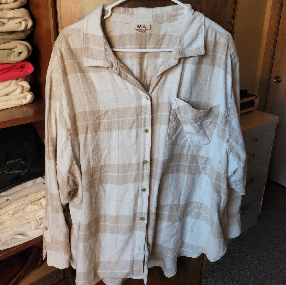 Beige and White Plaid Button-Up Shirt